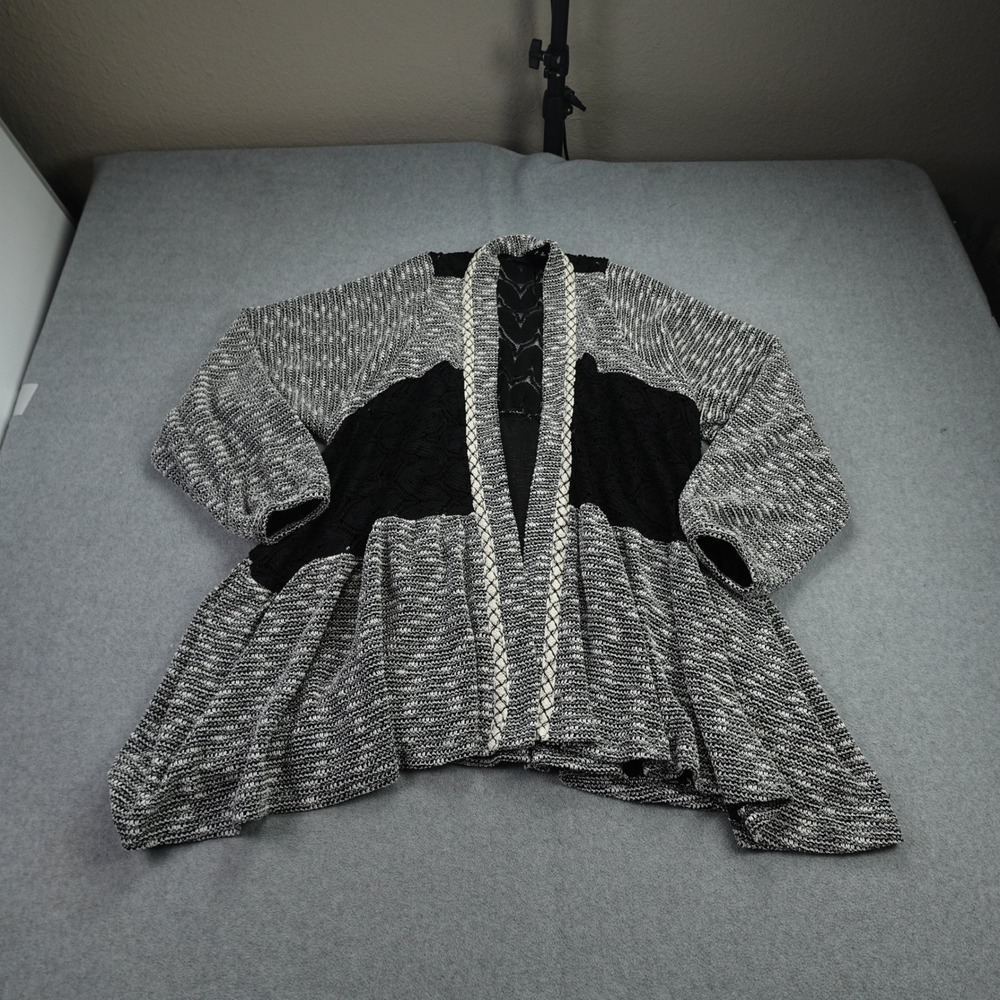 Miss Me Cardigan Womens Small Black White Marled Lace Inset Draped Open‎ Front